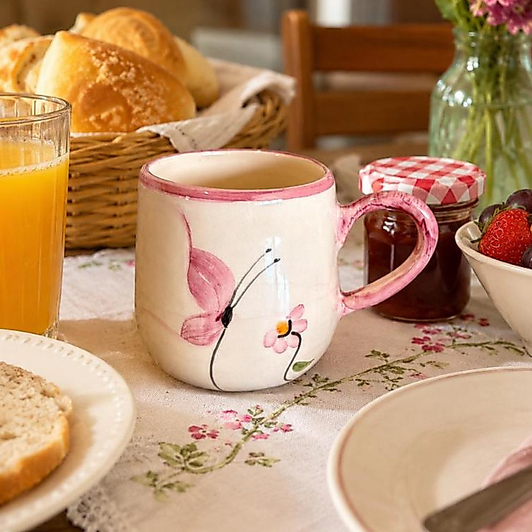 Caneca Bojuda Café Chá 250ml De Cerâmica Decorada Borboleta Pintada A Mão