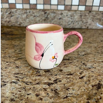 Caneca Bojuda Café Chá 250ml De Cerâmica Decorada Borboleta Pintada A Mão