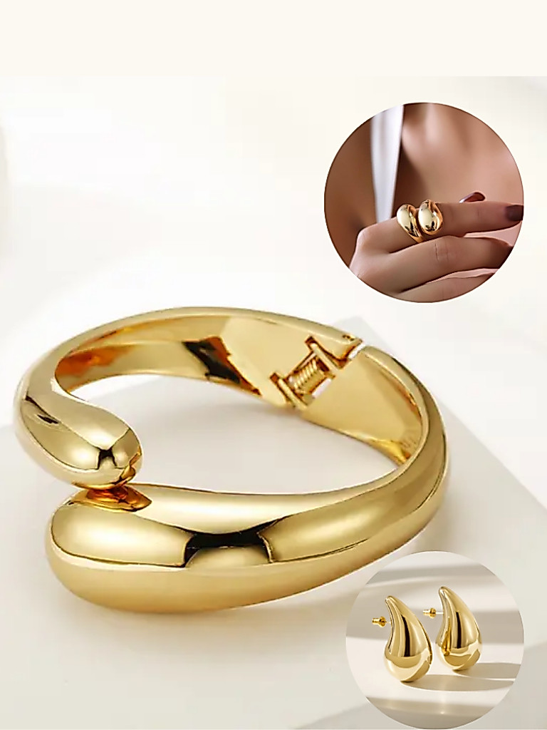 Conjunto Gota Pingo Bracelete Anel Brinco Médio Dourado ou Prata Acessórios Femininos Brincos