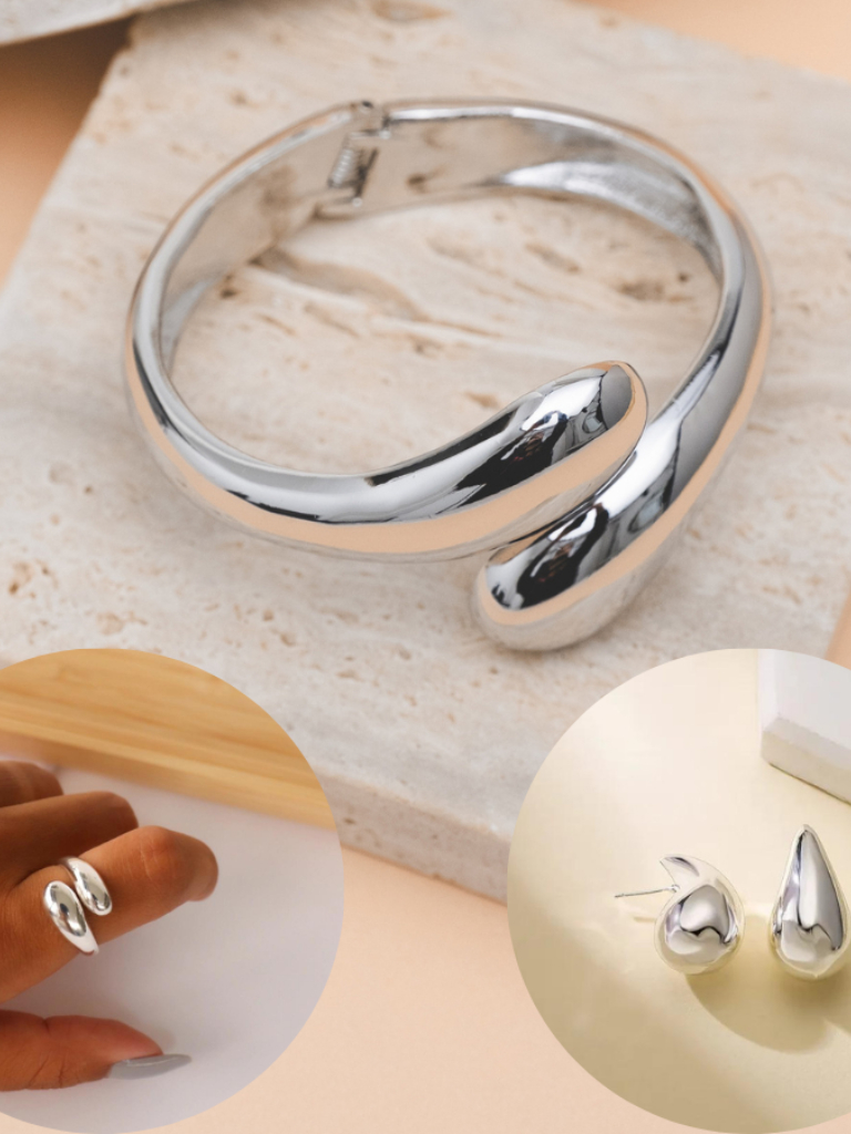 Conjunto Gota Pingo Bracelete Anel Brinco Médio Dourado ou Prata Acessórios Femininos Brincos