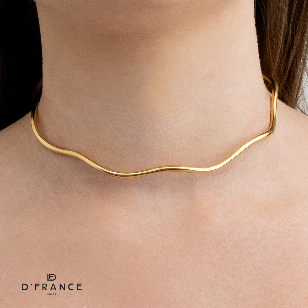Conjunto Choker Aro e Bracelete Ondas Ajustável Banhado a Ouro 18K - D France Semijóias