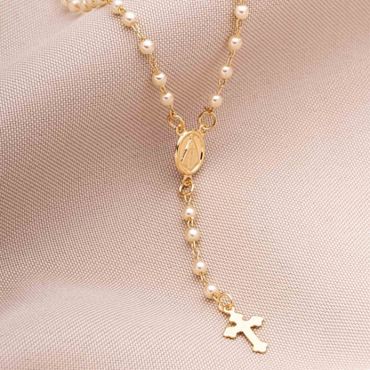Pulseira Religiosa Terço Pérola Feminina Banhado Ouro 18K