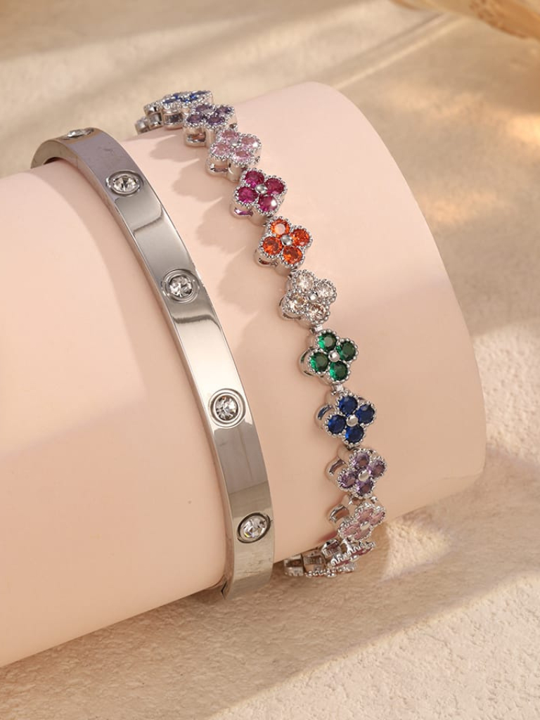 Conjunto Bracelete de Aço Inoxidável e Pulseira Feminina Acessórios Femininos kit Dourado prata