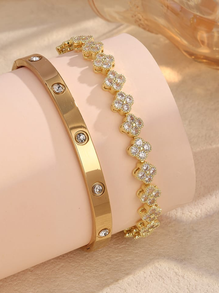 Conjunto Bracelete de Aço Inoxidável e Pulseira Feminina Acessórios Femininos kit Dourado prata
