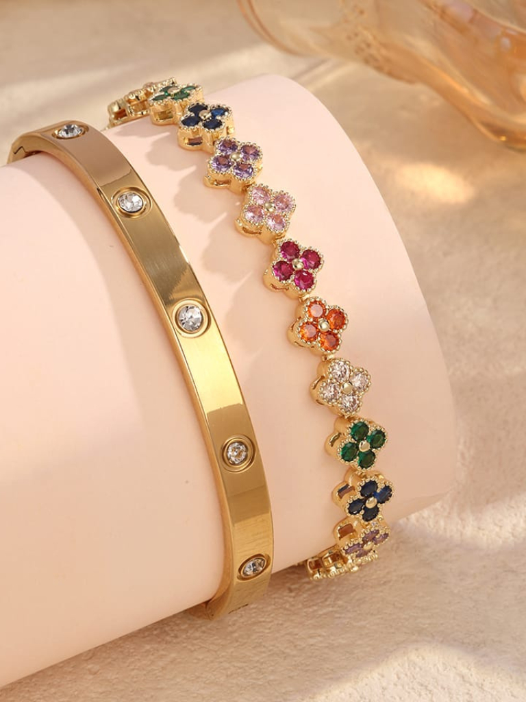 Conjunto Bracelete de Aço Inoxidável e Pulseira Feminina Acessórios Femininos kit Dourado prata