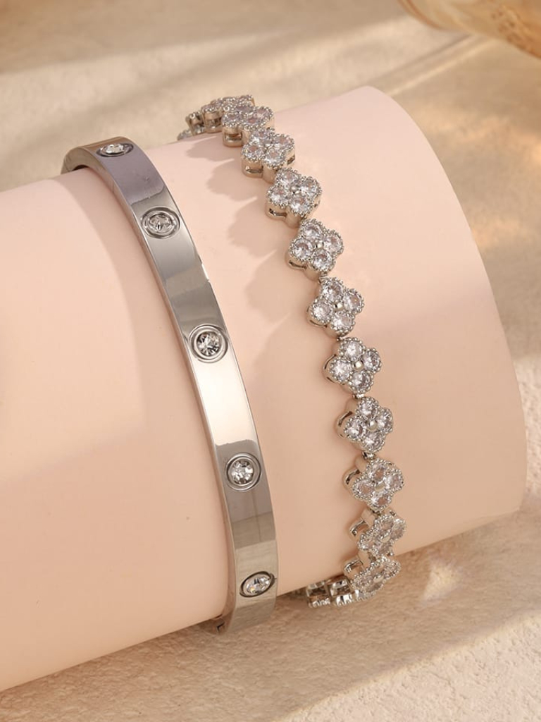Conjunto Bracelete de Aço Inoxidável e Pulseira Feminina Acessórios Femininos kit Dourado prata