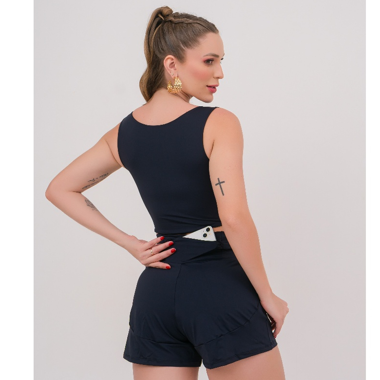 Conjunto Fitness Feminino Poliamida Top Cropped e Short Duplo 2 em 1 Com Bolso Traseiro Academia Corrida Treino