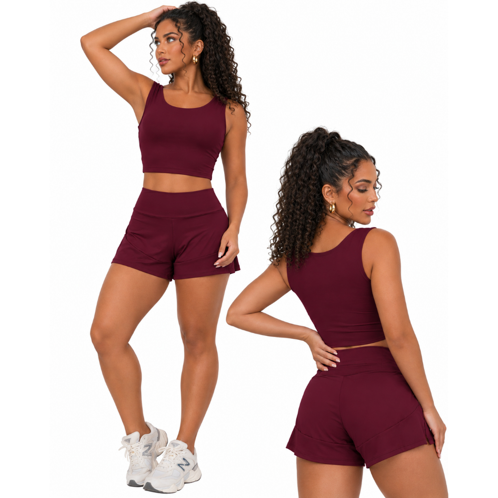 Conjunto Fitness Feminino com Shorts Duplo e Bolso Traseiro