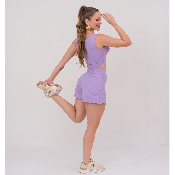 Conjunto Fitness Feminino Poliamida Top Cropped e Short Duplo 2 em 1 Com Bolso Traseiro Academia Corrida Treino