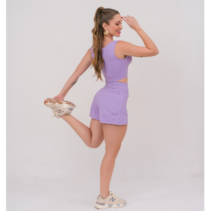Conjunto Fitness Feminino Poliamida Top Cropped e Short Duplo 2 em 1 Com Bolso Traseiro Academia Corrida Treino