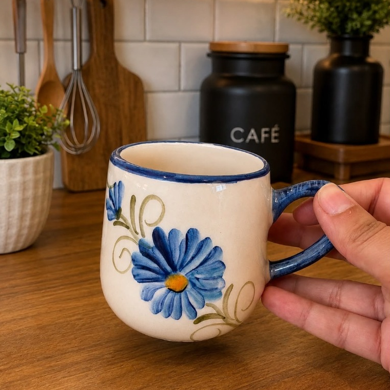 Caneca Bojuda Café Chá 250ml De Cerâmica Decorada Pintada A Mão