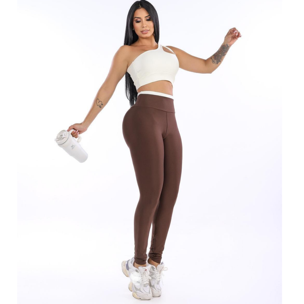 Conjunto Fitness Feminino Top Gota e Calça Bicolor Cós Alto