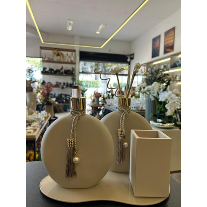 Kit Lavabo Banheiro Luxo Completo Bandeja Espelhada Dourada Difusor Aromatizador Porta Sabonete