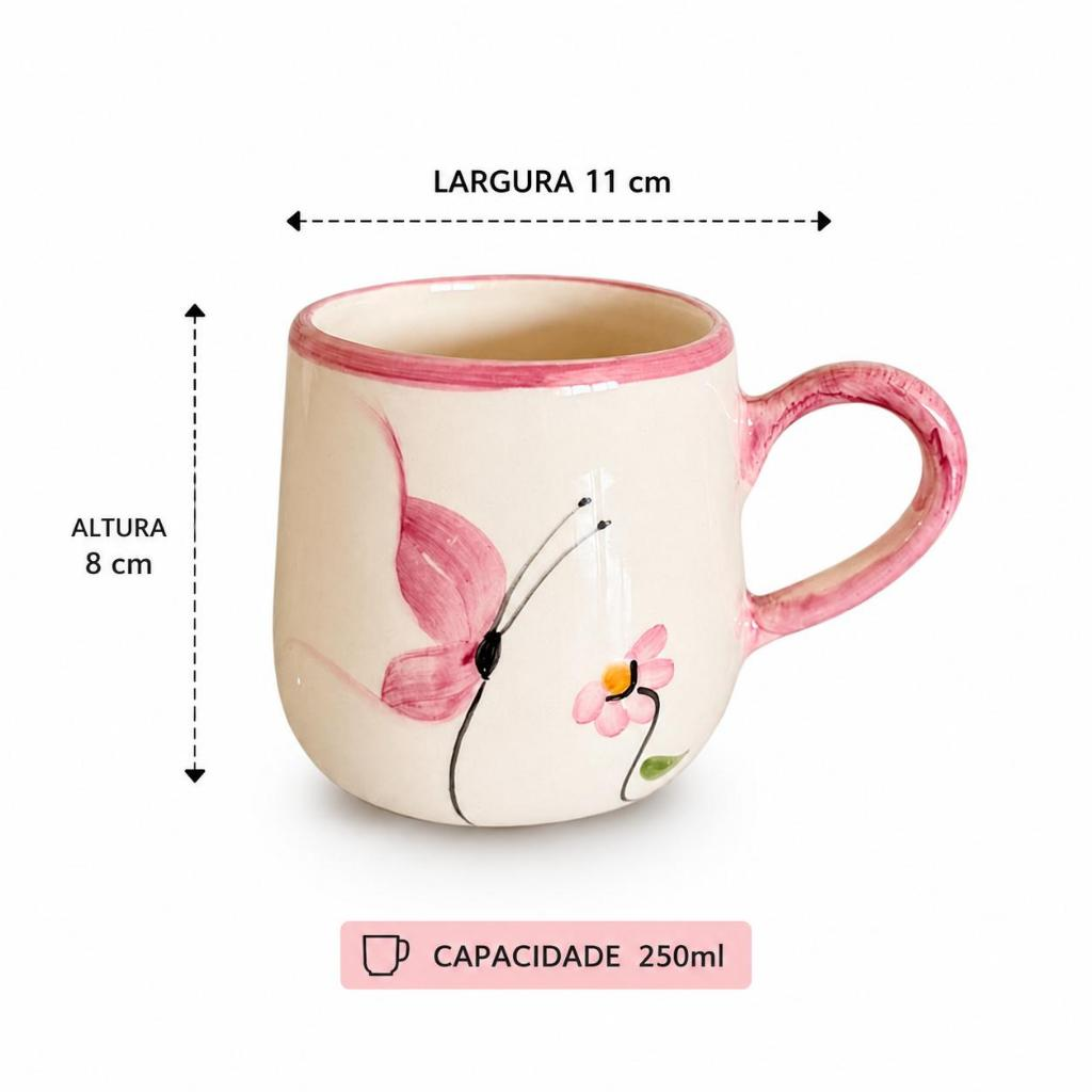 Caneca Bojuda Café Chá 250ml De Cerâmica Decorada Borboleta Pintada A Mão