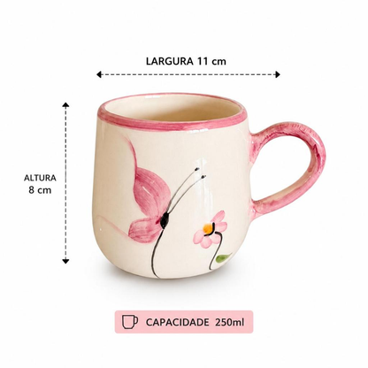 Caneca Bojuda Café Chá 250ml De Cerâmica Decorada Borboleta Pintada A Mão