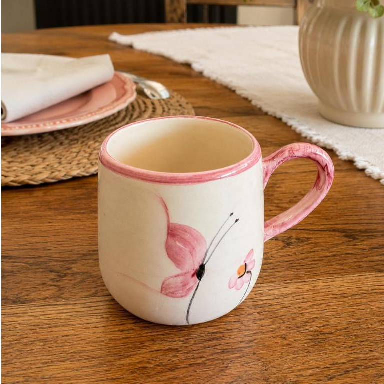 Caneca Bojuda Café Chá 250ml De Cerâmica Decorada Borboleta Pintada A Mão