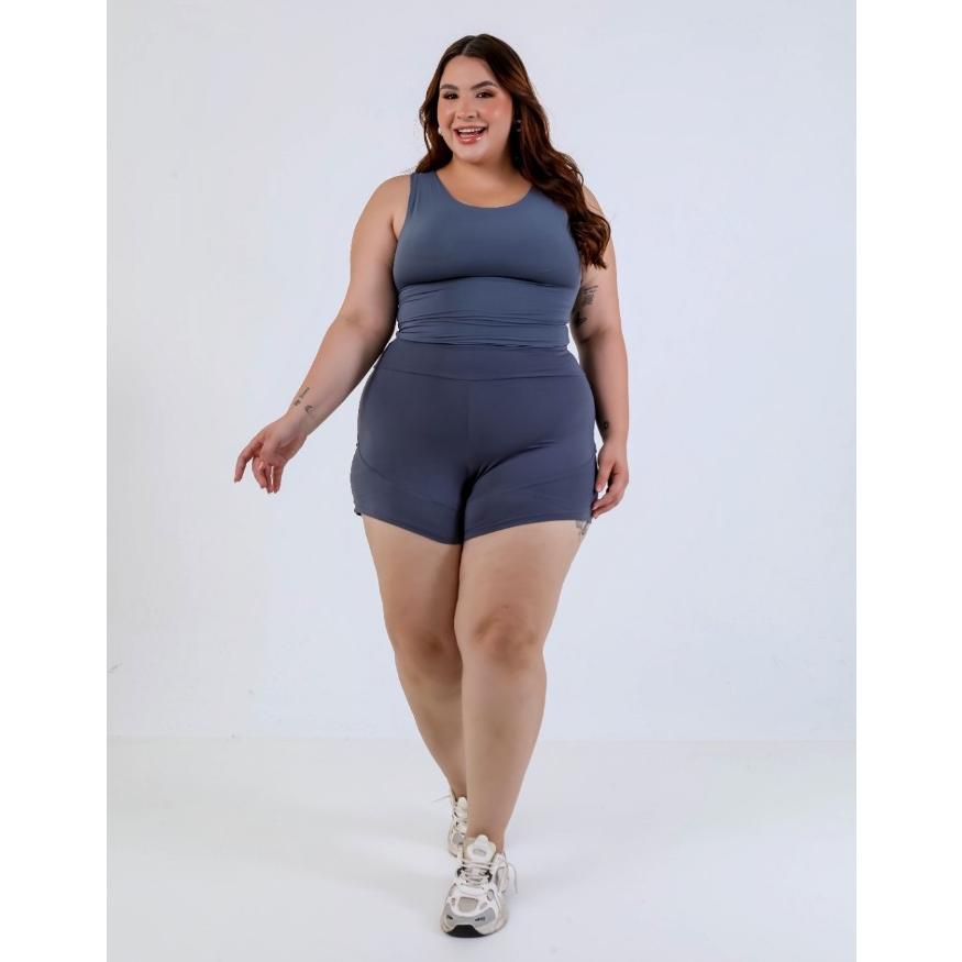 Conjunto Fitness Feminino Poliamida Top Cropped e Short Duplo 2 em 1 Com Bolso Traseiro Academia Corrida Treino