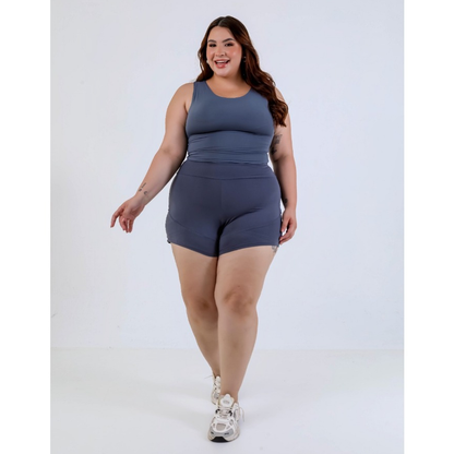 Conjunto Fitness Feminino Poliamida Top Cropped e Short Duplo 2 em 1 Com Bolso Traseiro Academia Corrida Treino
