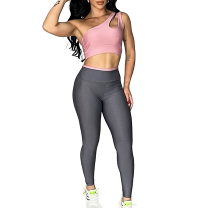 Conjunto Fitness Feminino Top Gota e Calça Bicolor Cós Alto