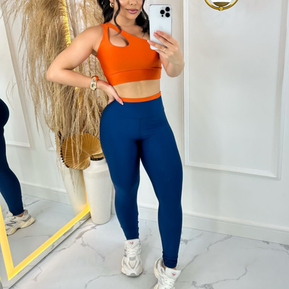 Conjunto Fitness Feminino Top Gota e Calça Bicolor Cós Alto