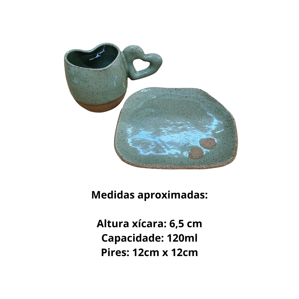 Xícara Coração com Pires Cerâmica 120ml Café Chá Mesa Posta Luxo Louça Artesanal Decoração Café Amor