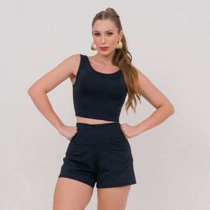 Conjunto Fitness Feminino Poliamida Top Cropped e Short Duplo 2 em 1 Com Bolso Traseiro Academia Corrida Treino