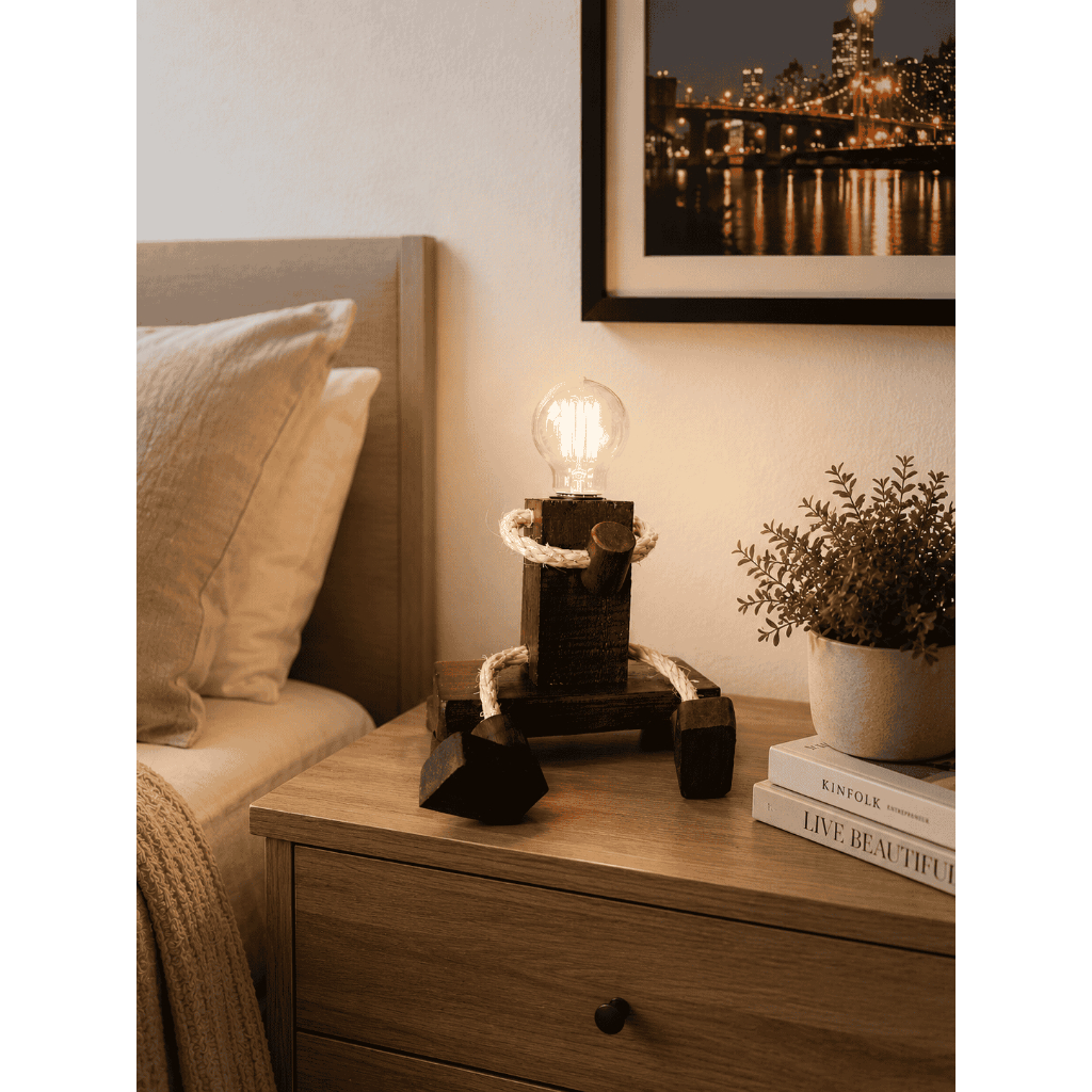 Luminária Boneco de Madeira Artesanal Abajur Rústico Decorativo para Quarto Sala e Escritório