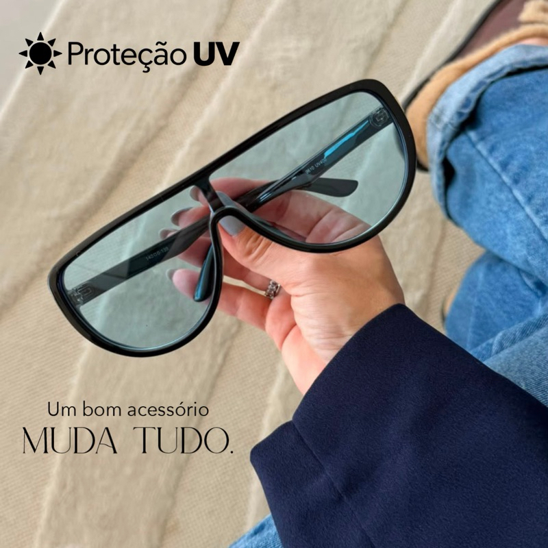 Óculos de Sol Feminino Luxo UV400 Estilo Máscara Lente Azul Grande Fashion Moda Blogueira
