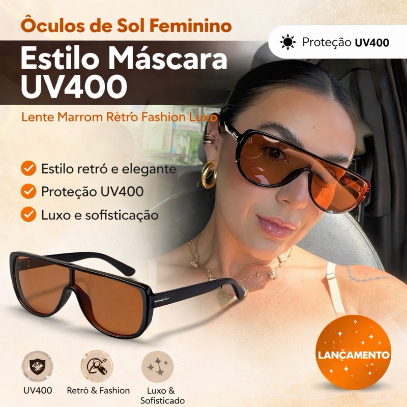 Óculos de Sol Feminino Luxo UV400 Estilo Máscara Lente Azul Grande Fashion Moda Blogueira