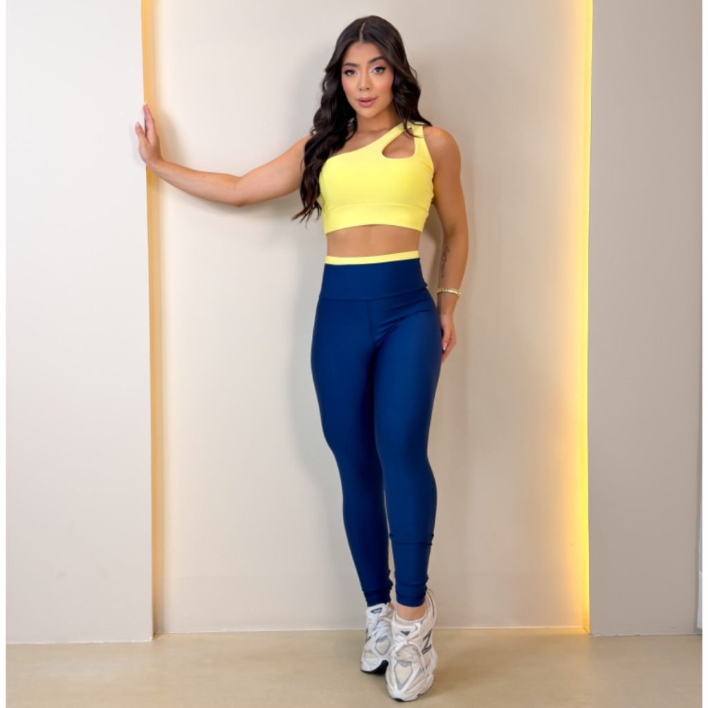 Conjunto Fitness Feminino Top Gota e Calça Bicolor Cós Alto