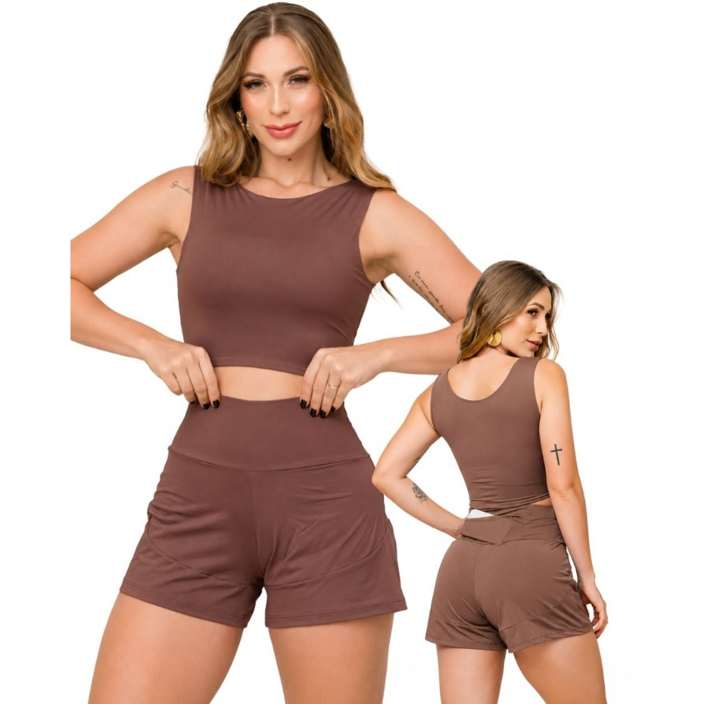 Conjunto Fitness Feminino com Shorts Duplo e Bolso Traseiro