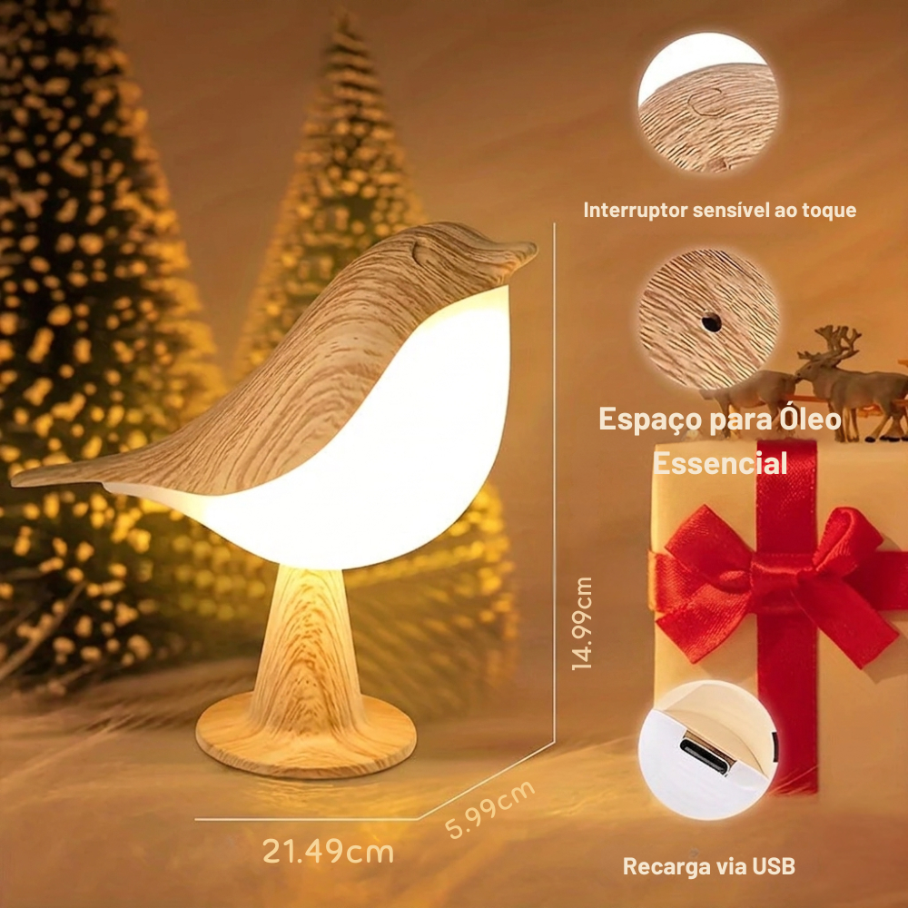 Abajur Pássaro Touch Dimerizável | Luminaria de Mesa Madeira Recarregável USB | Decoração Quarto