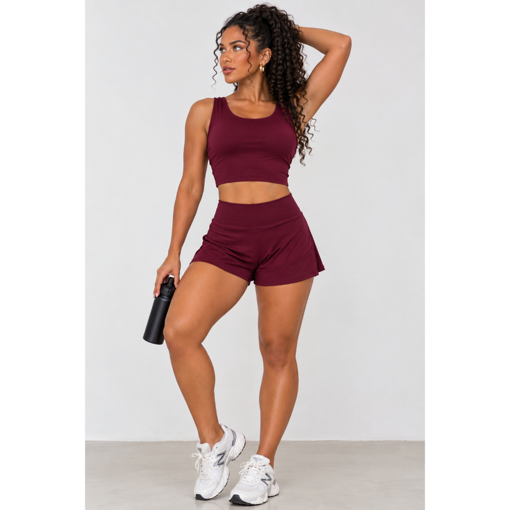 Conjunto Fitness Feminino Poliamida Top Cropped e Short Duplo 2 em 1 Com Bolso Traseiro Academia Corrida Treino