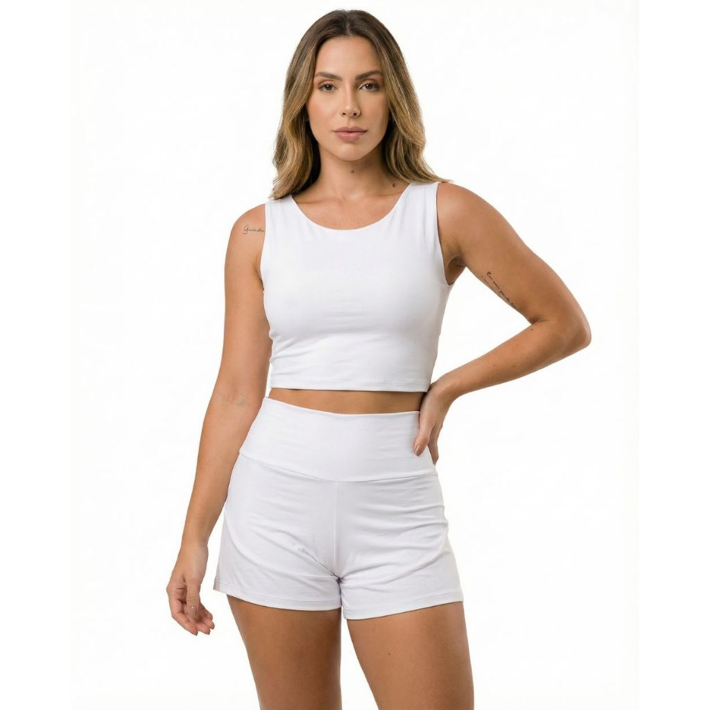 Conjunto Fitness Feminino Poliamida Top Cropped e Short Duplo 2 em 1 Com Bolso Traseiro Academia Corrida Treino