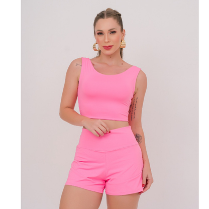 Conjunto Fitness Feminino com Shorts Duplo e Bolso Traseiro