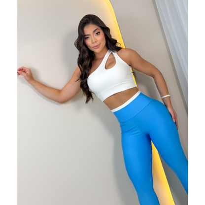 Conjunto Fitness Feminino Top Gota e Calça Bicolor Cós Alto