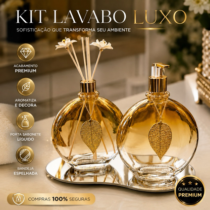 Kit Lavabo Banheiro Luxo Completo Bandeja Espelhada Dourada Difusor Aromatizador Porta Sabonete