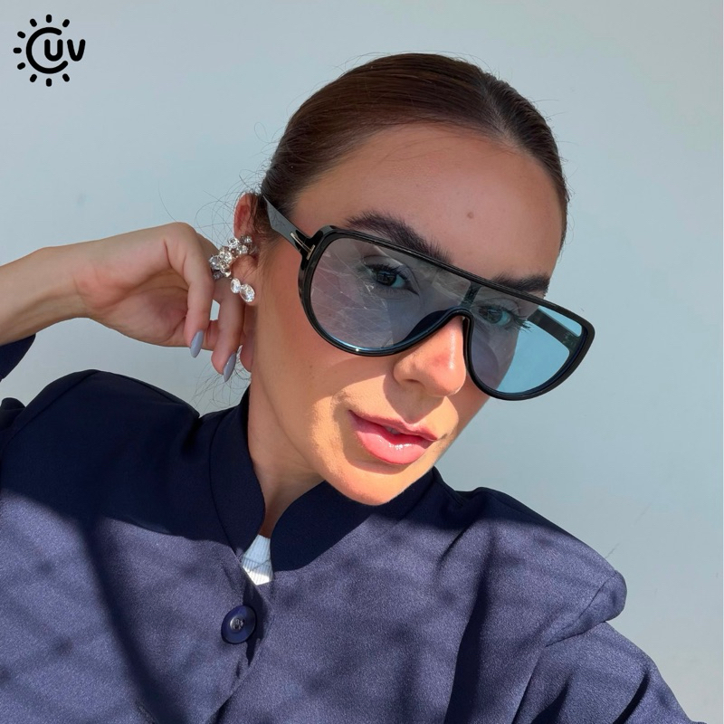 Óculos de Sol Feminino Luxo UV400 Estilo Máscara Lente Azul Grande Fashion Moda Blogueira