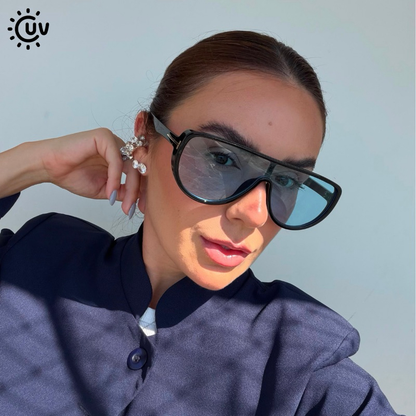 Óculos de Sol Feminino Luxo UV400 Estilo Máscara Lente Azul Grande Fashion Moda Blogueira