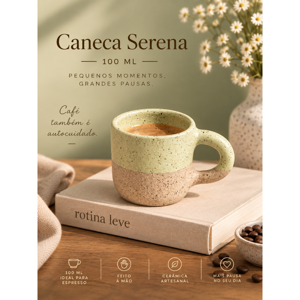 Caneca serena 100ml de Cerâmica Artesanal | Xícara para Café | Presente Criativo de Natal