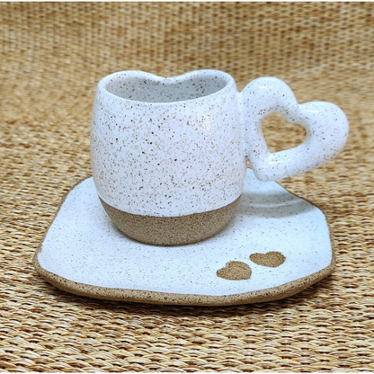 Xícara Coração com Pires Cerâmica 120ml Café Chá Mesa Posta Luxo Louça Artesanal Decoração Café Amor
