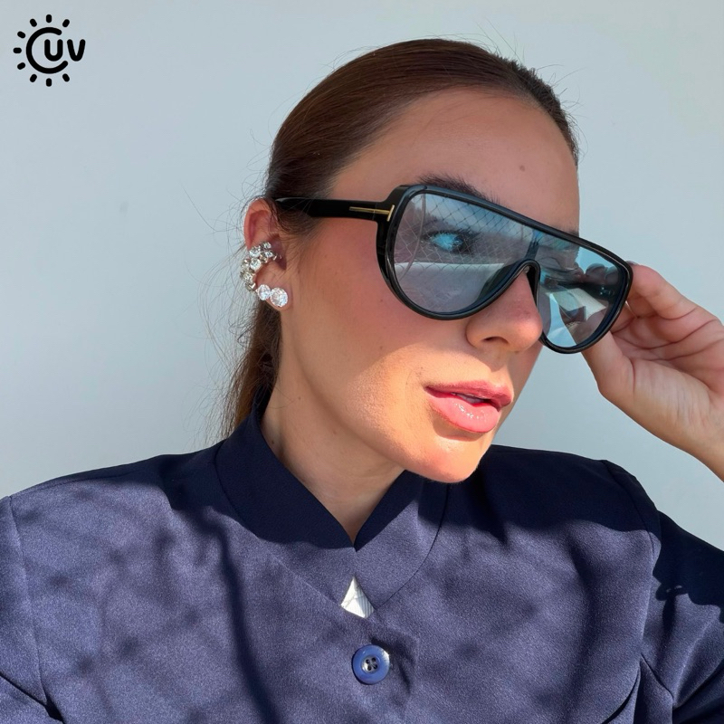 Óculos de Sol Feminino Luxo UV400 Estilo Máscara Lente Azul Grande Fashion Moda Blogueira