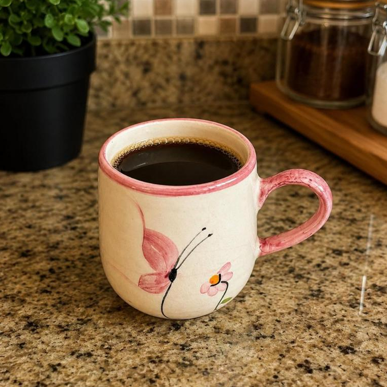 Caneca Bojuda Café Chá 250ml De Cerâmica Decorada Pintada A Mão