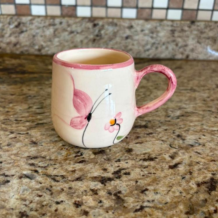 Caneca Bojuda Café Chá 250ml De Cerâmica Decorada Borboleta Pintada A Mão