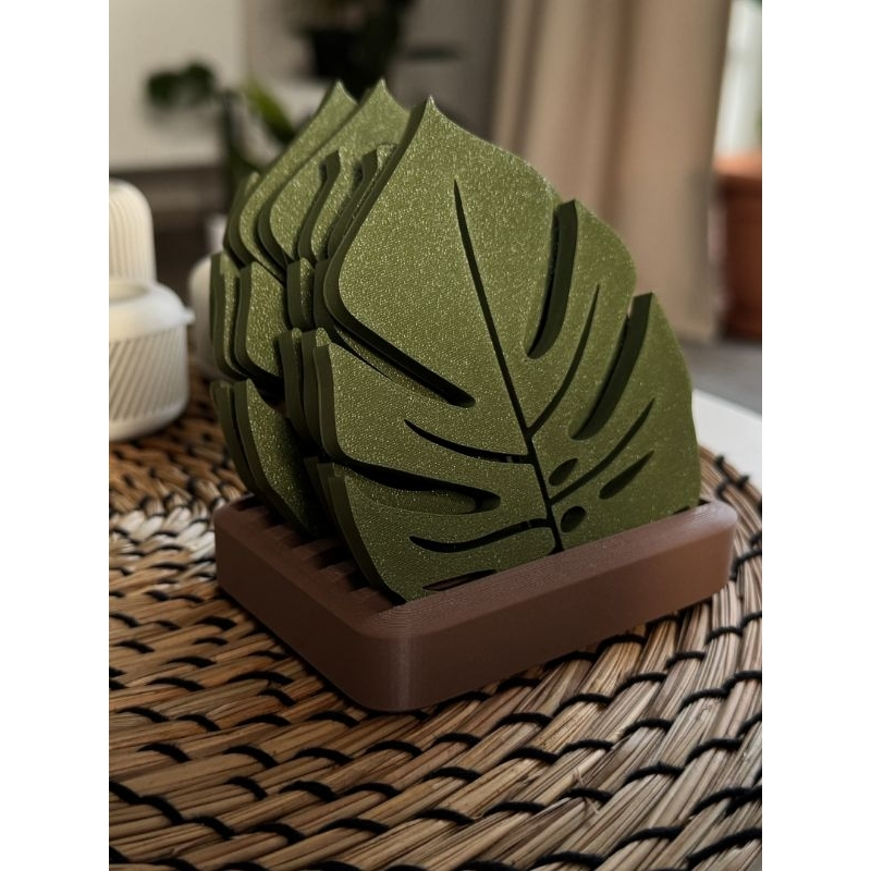 - Porta-Copos Folha Costela-de-Adão 3D - Kit c/ 6 Peças + Base