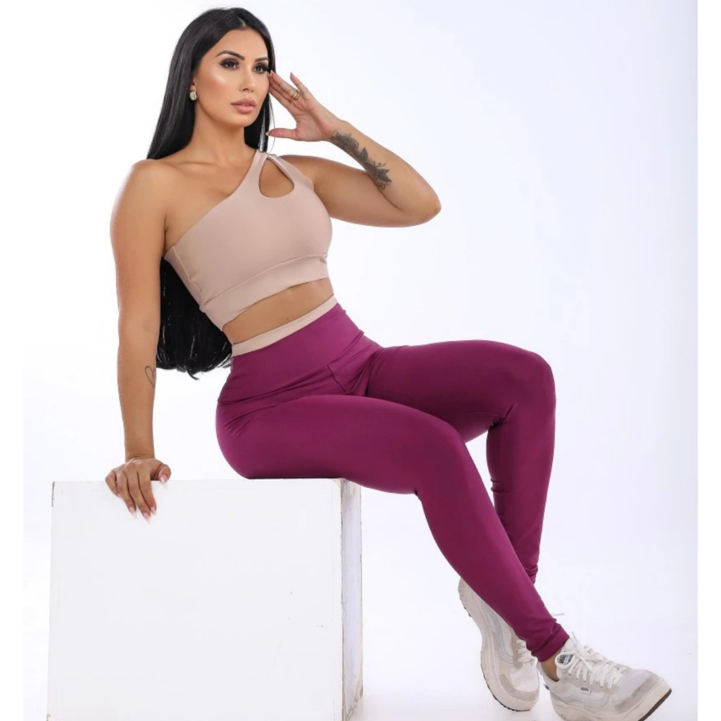 Conjunto Fitness Feminino Top Gota e Calça Bicolor Cós Alto