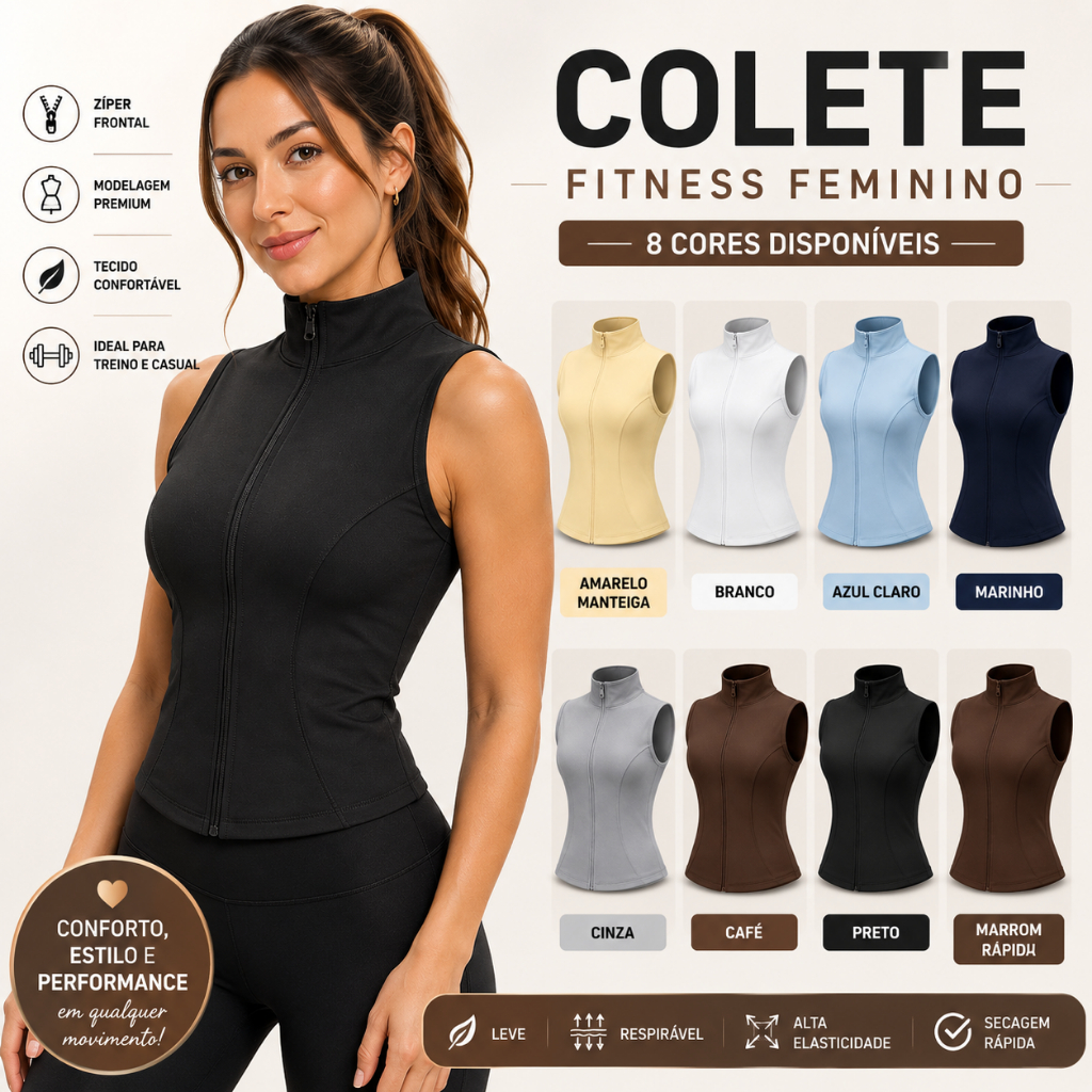 Colete Fitness Feminino Premium Com Zíper Regata Academia Casual