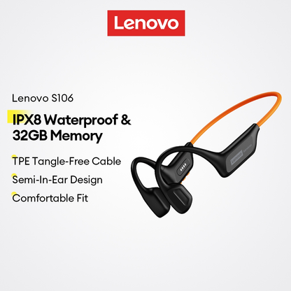 Fones De Ouvido De Condução Óssea Lenovo S106 E Fone Natação À Prova D'água IPX8 Com 32 Gb De Memória Bluetooth 6.0 plus