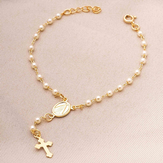 Pulseira Religiosa Terço Pérola Feminina Banhado Ouro 18K