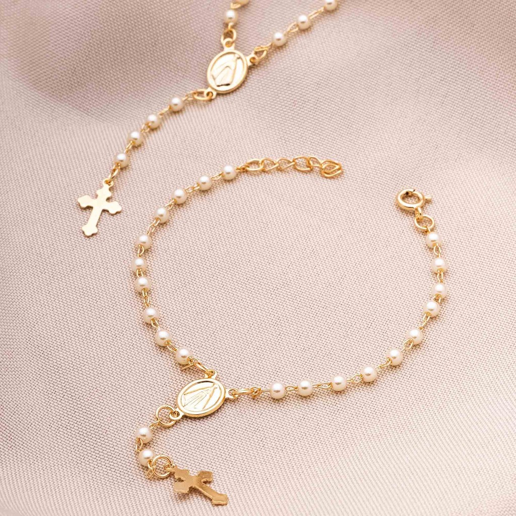 Pulseira Religiosa Terço Pérola Feminina Banhado Ouro 18K